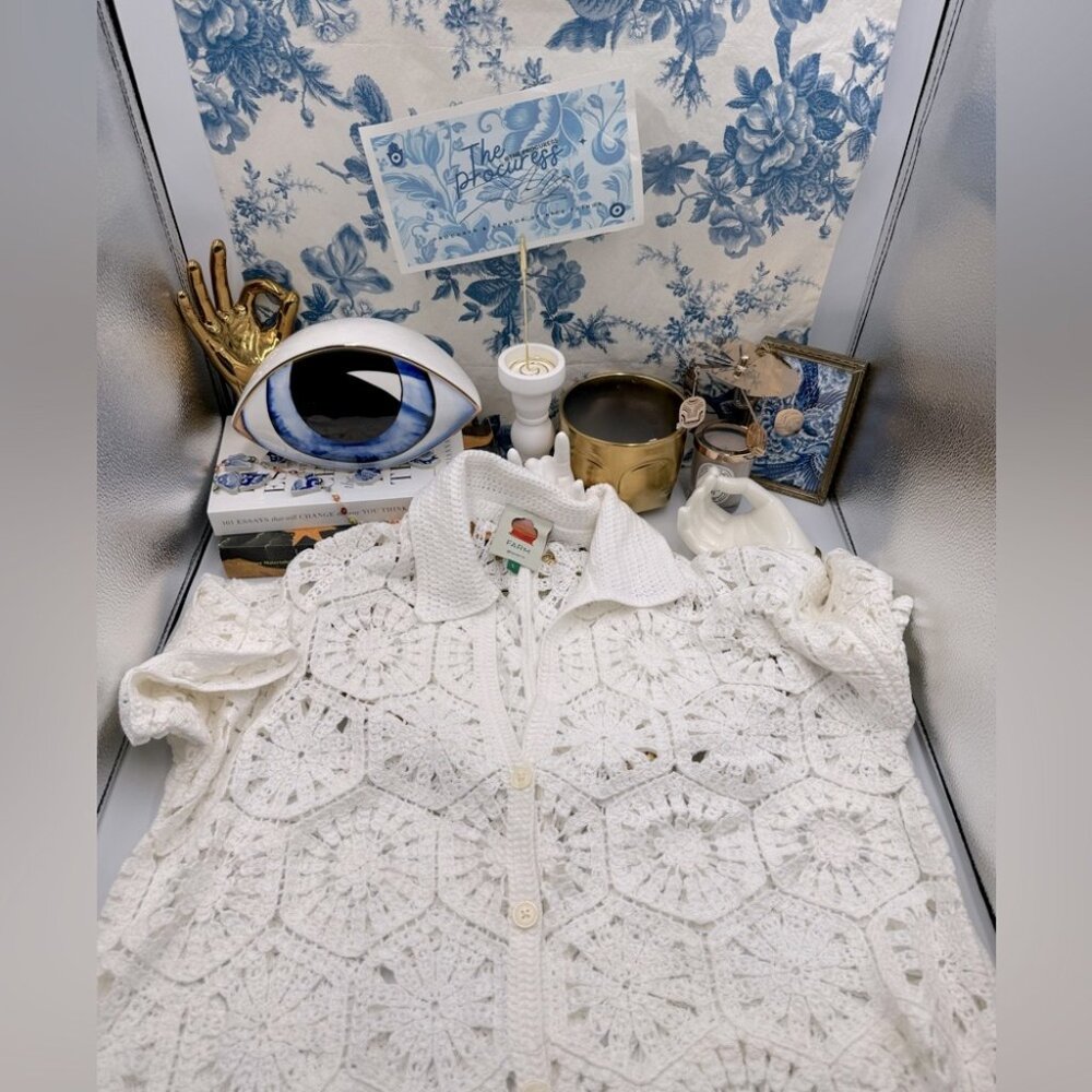 🆕 FARM Rio 🧿 NWOT White Semisheer Floral Button-Up Crochet Cover-Up Dress, L - Picture 2 of 15